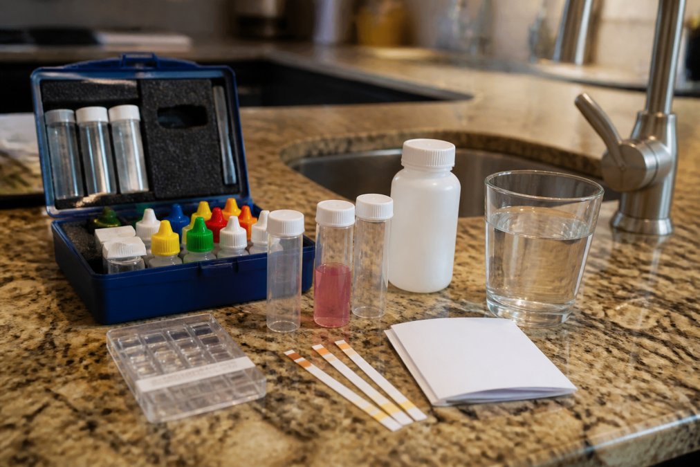 Water testing kit with sample vials and strips on a counter to check for signs of lead in municipal water
