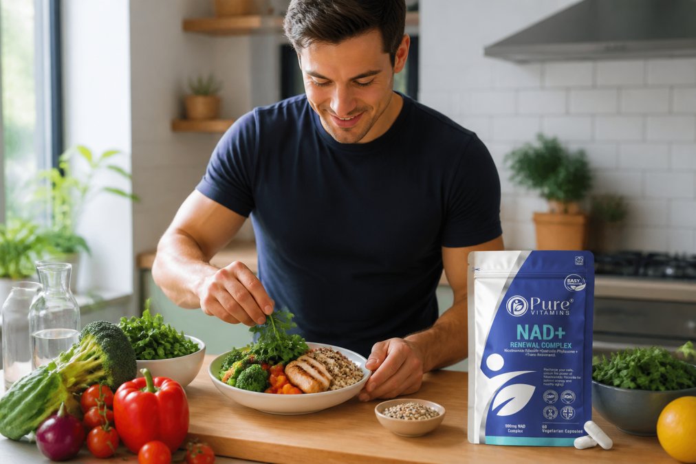 Fit adult preparing a balanced meal with colourful vegetables, lean protein, and whole grains in a bright kitchen with natural light, demonstrating healthy eating habits