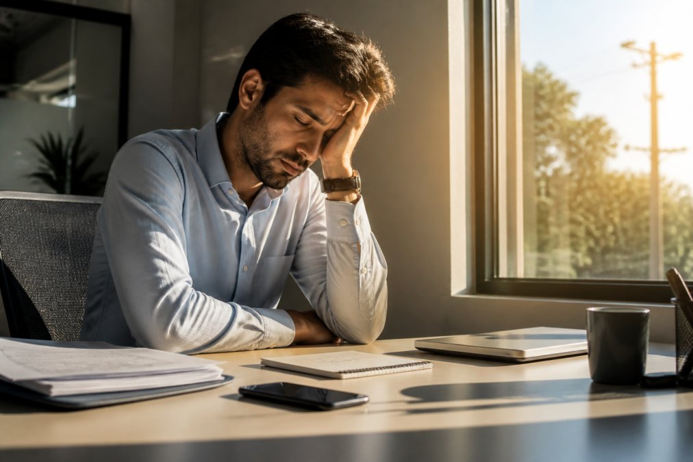 Professional appearing fatigued at desk, resting head on hand with afternoon sunlight streaming through office window, conveying exhaustion and low energy