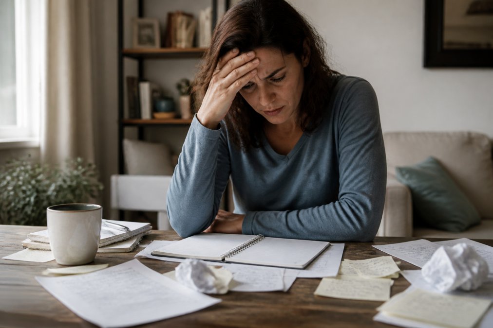 Person sitting at laptop looking frustrated or confused, with scattered notes and coffee cup nearby, capturing brain fog and mental struggle