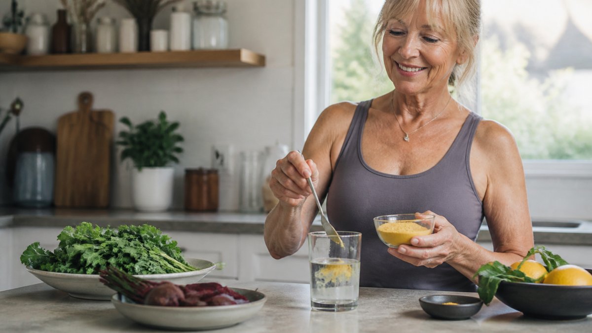 Glass of water with yellow powder, leafy greens, and beets to help manage low nitric oxide levels naturally.