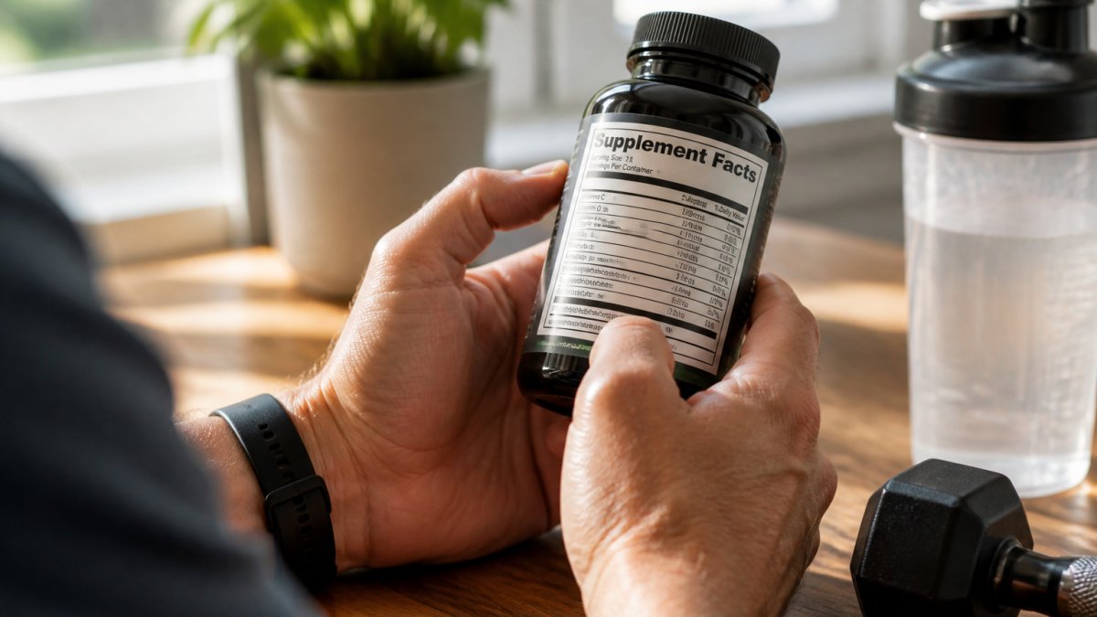 Close-up of hands holding a supplement bottle and carefully reading the Supplement Facts label with ingredient list clearly visible in natural morning light