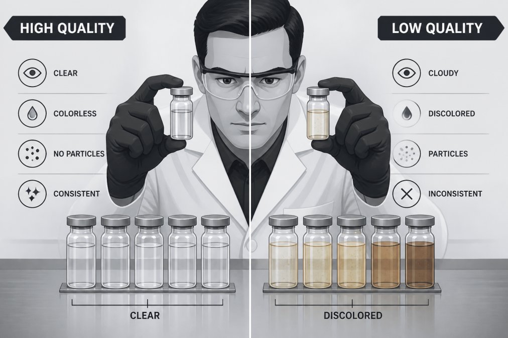 Professional researcher examining peptide vials under laboratory lighting, comparing clear versus discolored samples side by side on a clean lab bench