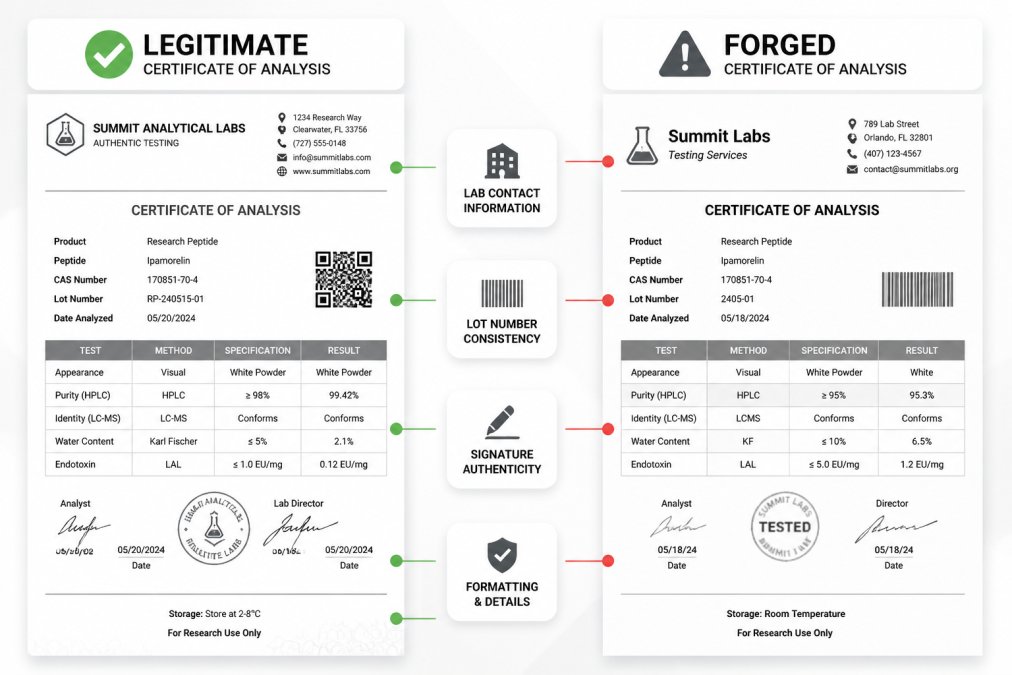 Side-by-side comparison of a legitimate Certificate of Analysis and a forged version, highlighting differences in formatting, lab contact information, signature authenticity, and lot number consistency