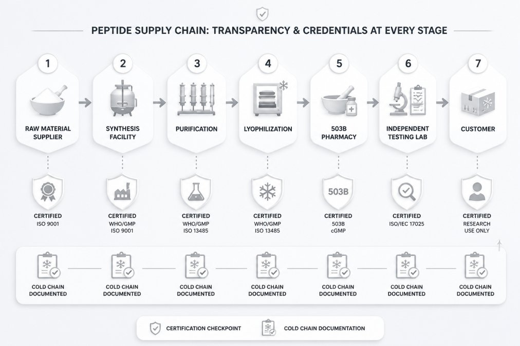 Detailed supply chain diagram showing the path of a peptide from raw material supplier through synthesis facility, purification, lyophilization, 503B compounding pharmacy, independent testing lab, and finally to the customer, with certification checkpoints and cold chain documentation at each stage