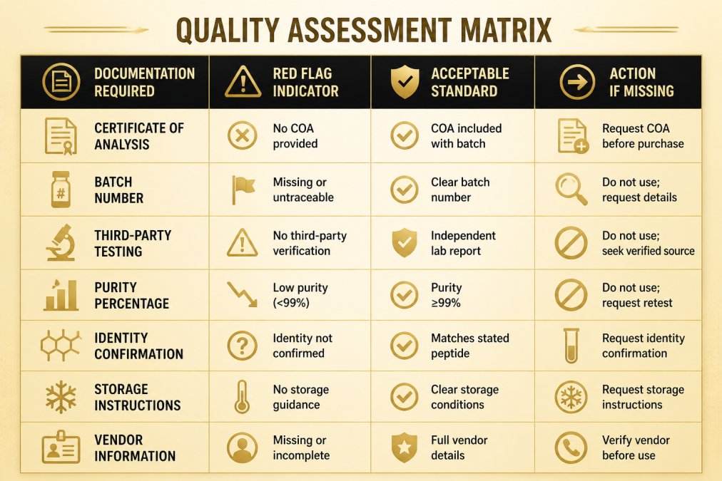 Signs of Low Quality Research Peptides: A Verification Guide Quality assessment matrix with columns for Documentation Required, Red Flag Indicator, Acceptable Standard, and Action if Missing. Rows include Certificate of Analysis, Batch Number, Third-Party Testing, Purity Percentage, Identity Confirmation, Storage Instructions, and Vendor Information.