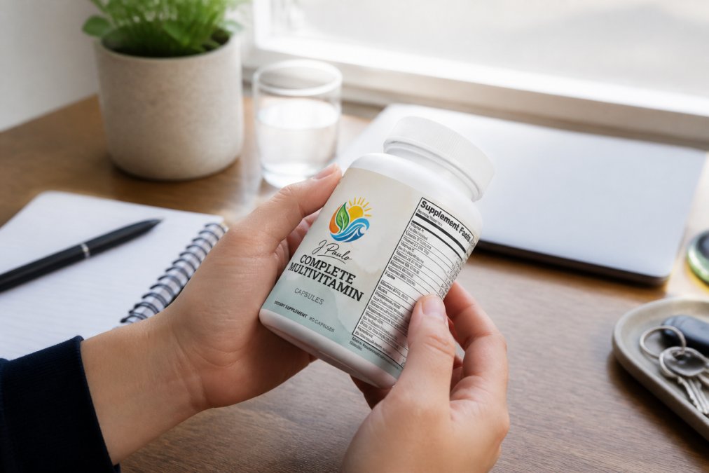 Close-up of hands holding a supplement bottle while examining the nutrition facts panel in natural daylight, with certification seals visible on the label