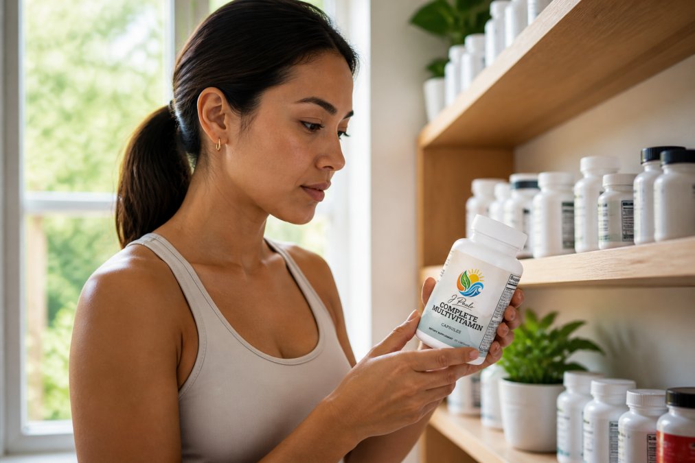 Person in a wellness setting carefully reviewing supplement bottles on a shelf, examining certification seals and labels with natural lighting from a nearby window