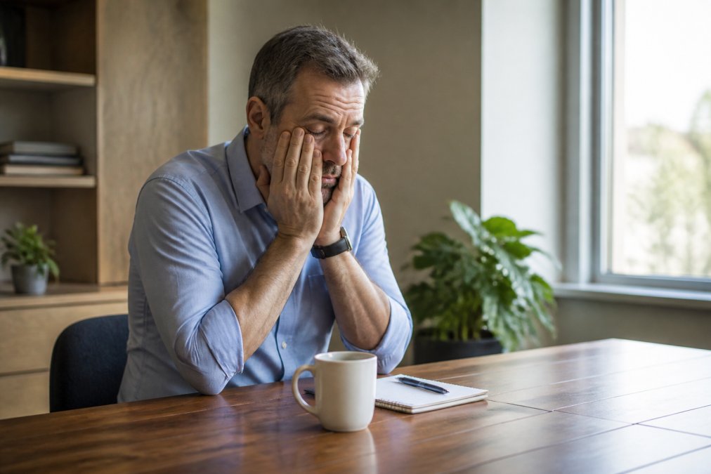 Middle-aged man in business casual attire sitting at wooden desk with hands on face, displaying visible fatigue and low energy, natural office lighting from window