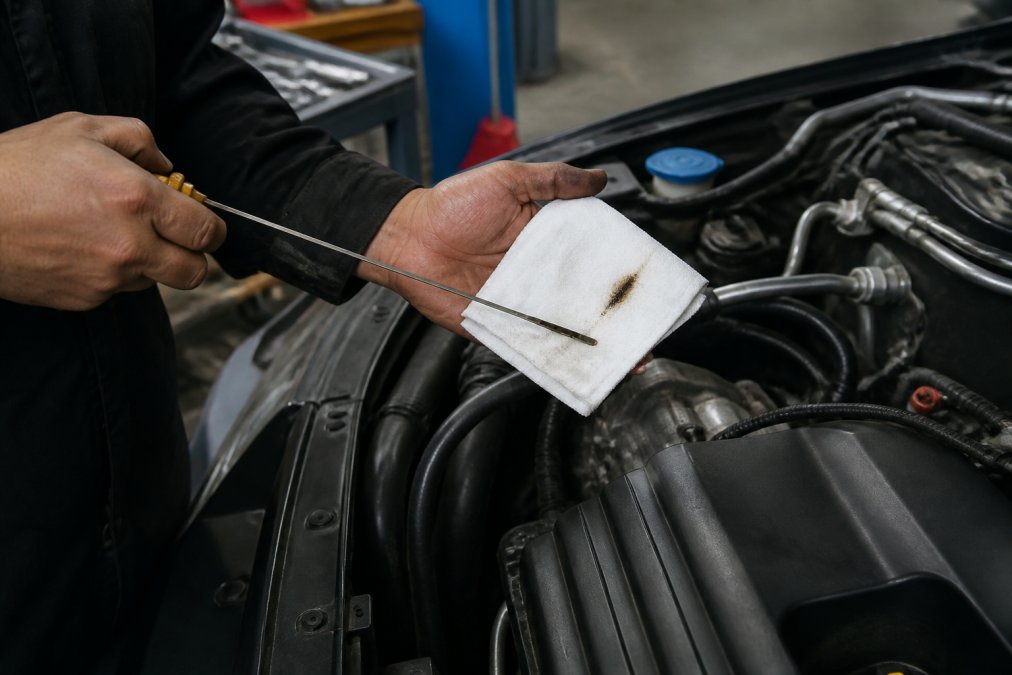 Mechanic checking a transmission dipstick on a white rag to inspect for low transmission fluid levels