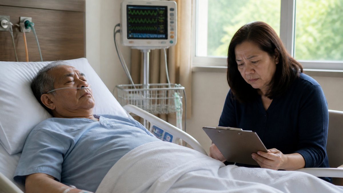 Patient lying in hospital bed with medical monitor displaying vital signs, concerned family member at bedside reviewing medical chart on clipboard, natural window lighting in background