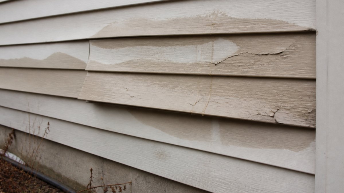 Close-up of residential siding panel showing visible warping, buckling, and peeling paint with water stains and dampness on exterior wall surface