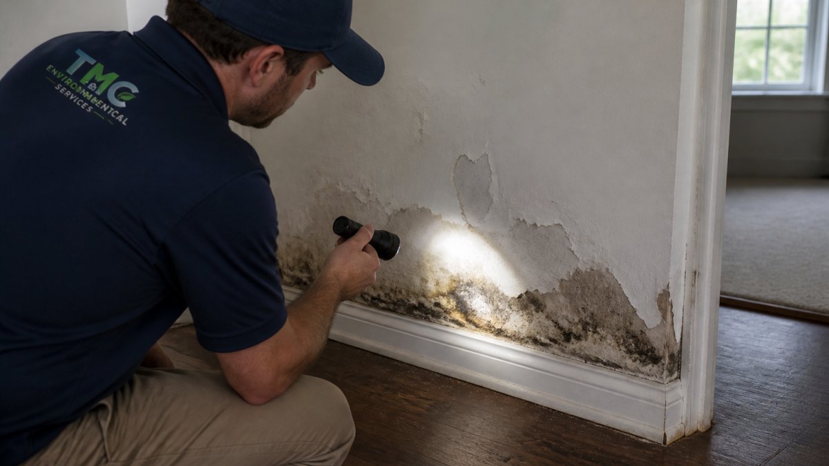 Homeowner using a flashlight to inspect the base of a wall where paint is peeling and dark discoloration is visible near the floorboard, dim indoor lighting