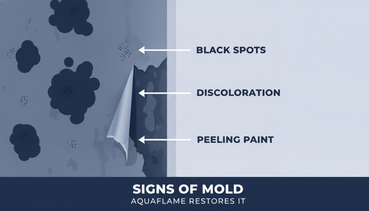Close-up of drywall showing black mold spots, discoloration patches, and peeling paint caused by moisture damage in a wall cavity