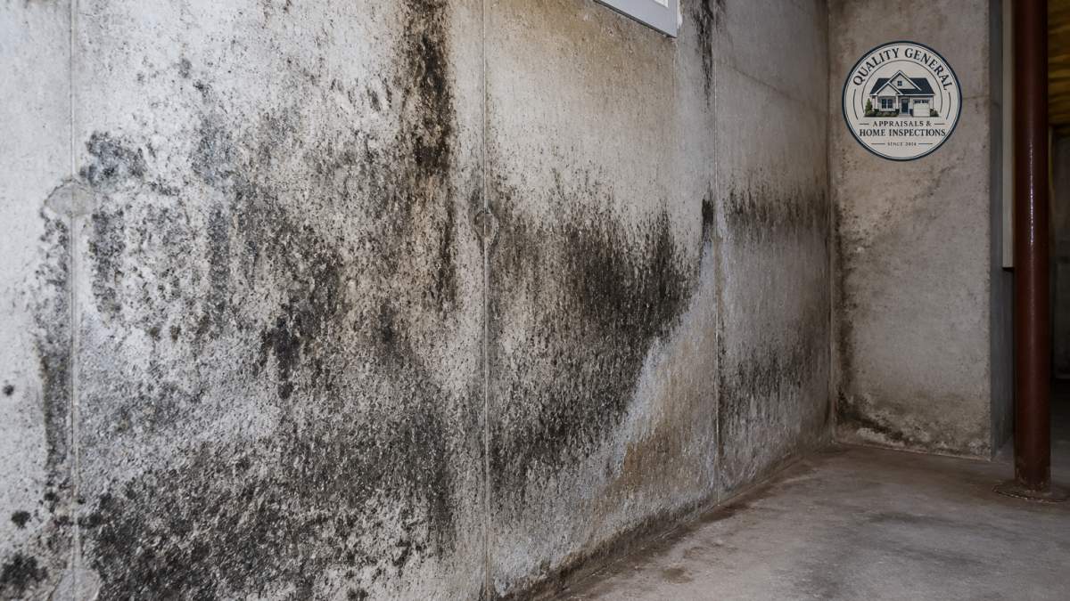 Close-up of dark mold growth patches on concrete basement wall surface with visible moisture staining and discoloration