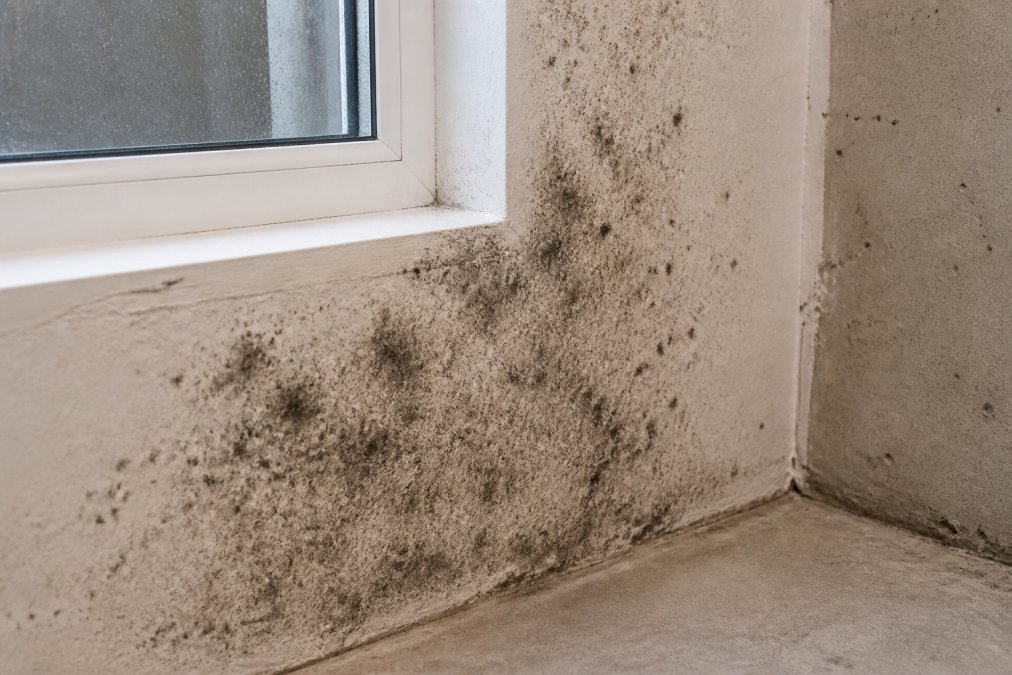 Close-up of dark mold spots and discoloration on drywall near a basement window frame, showing fuzzy growth patterns on the surface