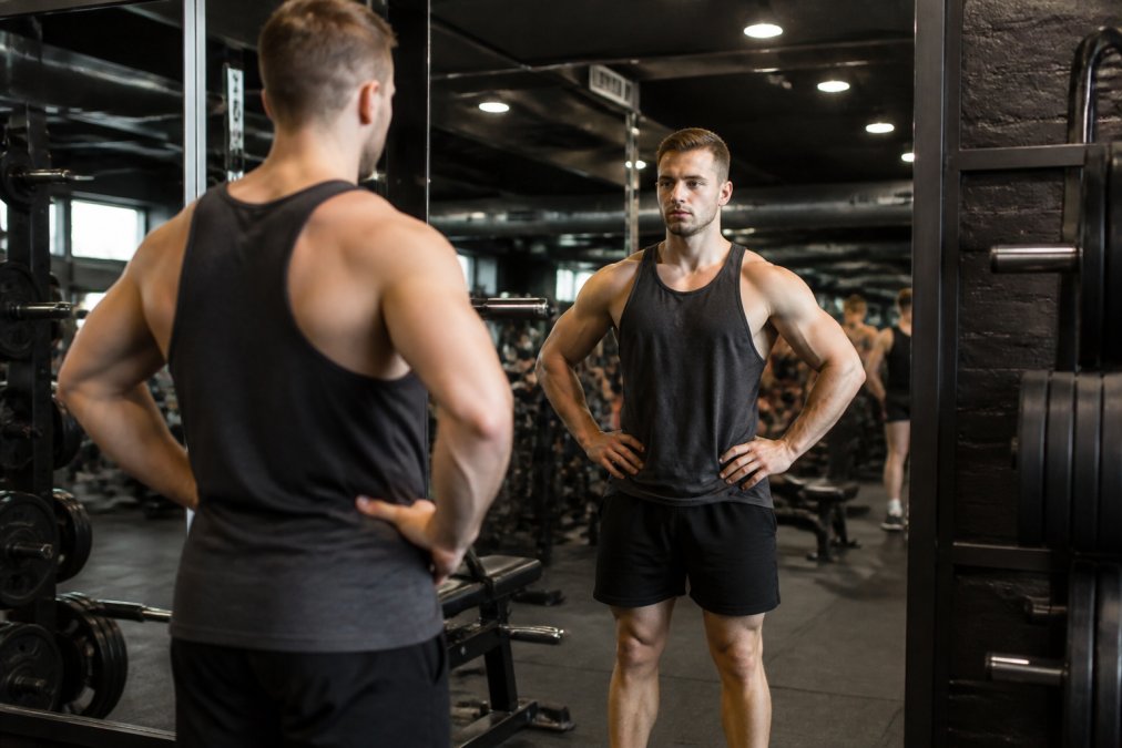 A fit athlete in athletic shorts and a tank top looking at his physique in a full-body gym mirror with a focused, slightly concerned expression under bright overhead gym lighting