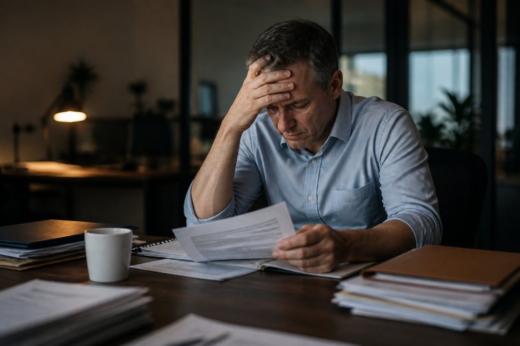 Middle-aged professional at desk looking fatigued, holding head with one hand while reviewing documents, dim office lighting suggesting afternoon energy slump