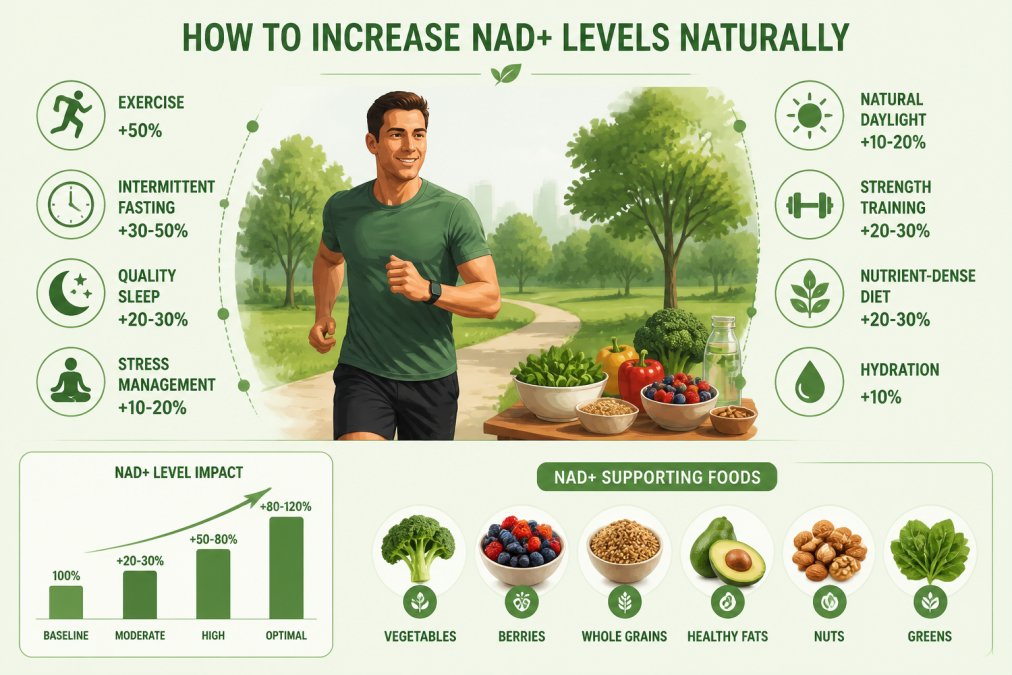 Active adult exercising outdoors, running in natural daylight through a park, with healthy food like fresh vegetables, whole grains, and berries visible on a table in the background