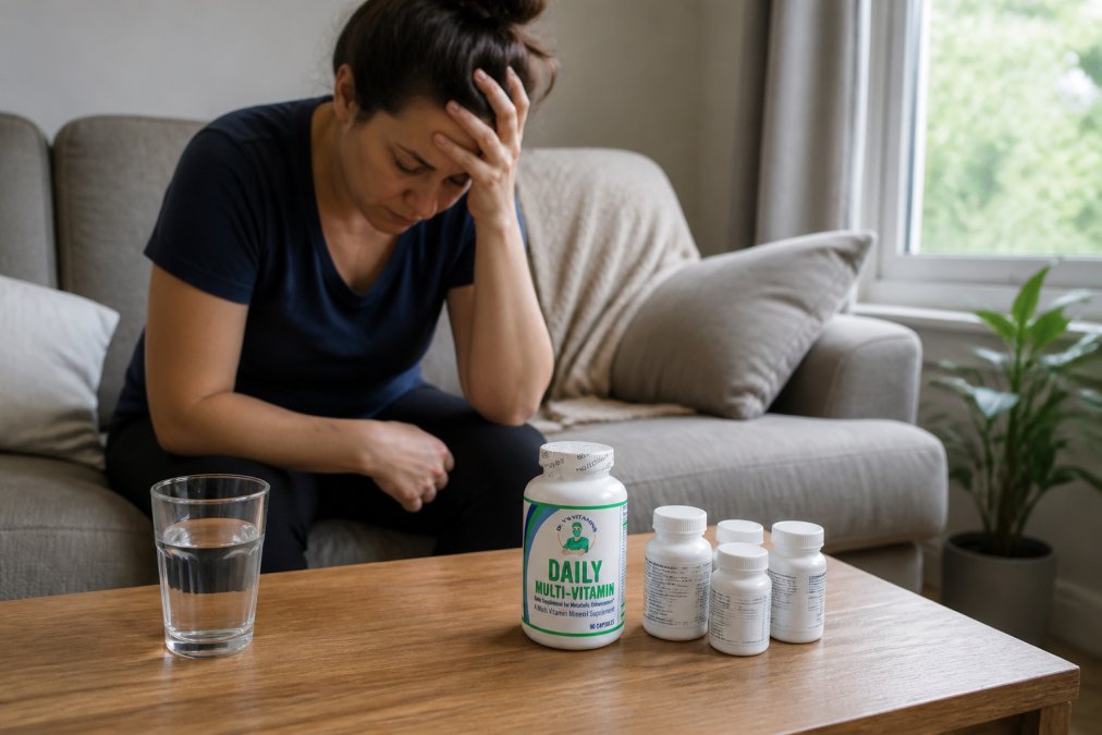 A person sitting on a couch looking fatigued, head resting in one hand, with a glass of water and several supplement bottles on the coffee table in front of them, soft natural light coming through a nearby window