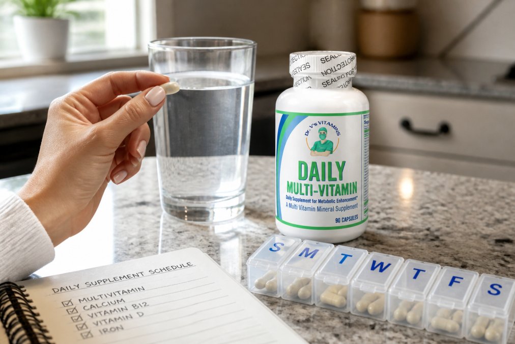 Close-up of a hand holding a single daily vitamin capsule next to a full glass of water, with a weekly pill organizer and a small notebook open to a supplement schedule on a clean kitchen counter, warm morning light