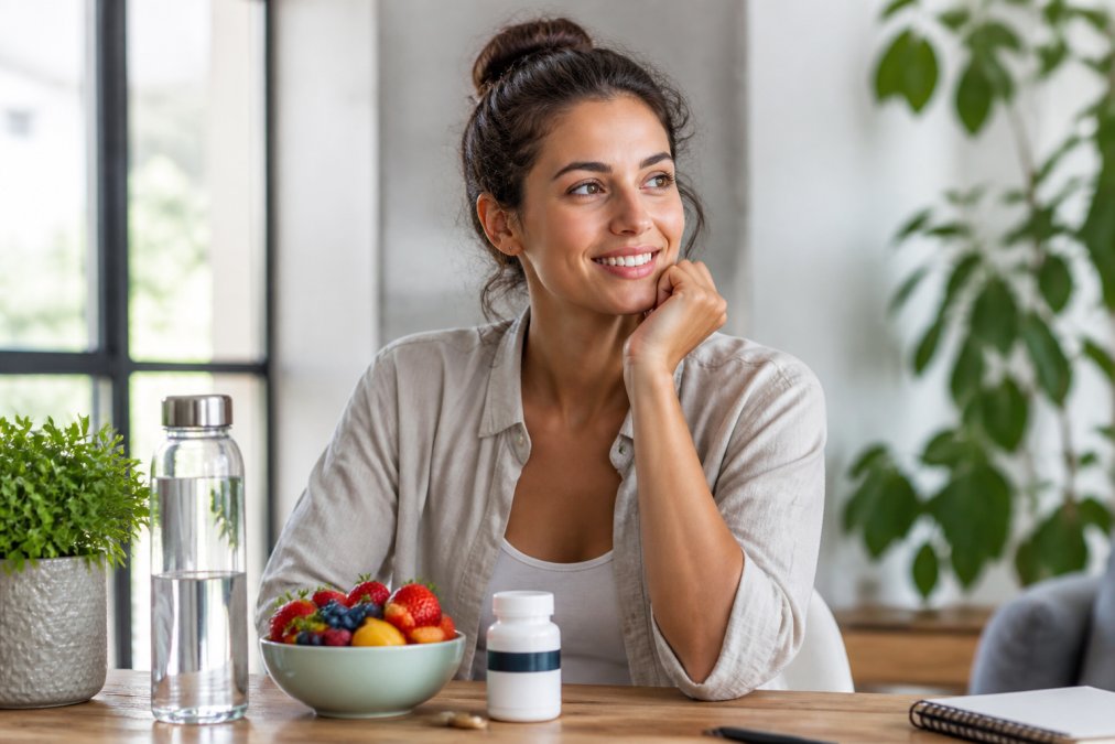 Person looking energized and alert at their desk with fresh fruit, water, and a supplement bottle visible nearby, bright natural lighting