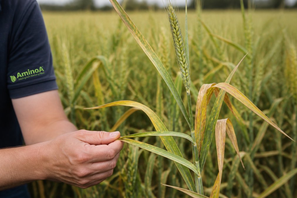 Close-up of stressed crop leaves displaying yellowing foliage and pale colouration typical of nitrogen deficiency, with withered edges visible on wheat plant in field conditions