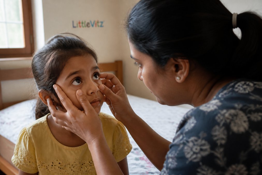 A parent gently examining their young child's pale lower eyelid in a bright, natural home setting, looking for signs of pallor