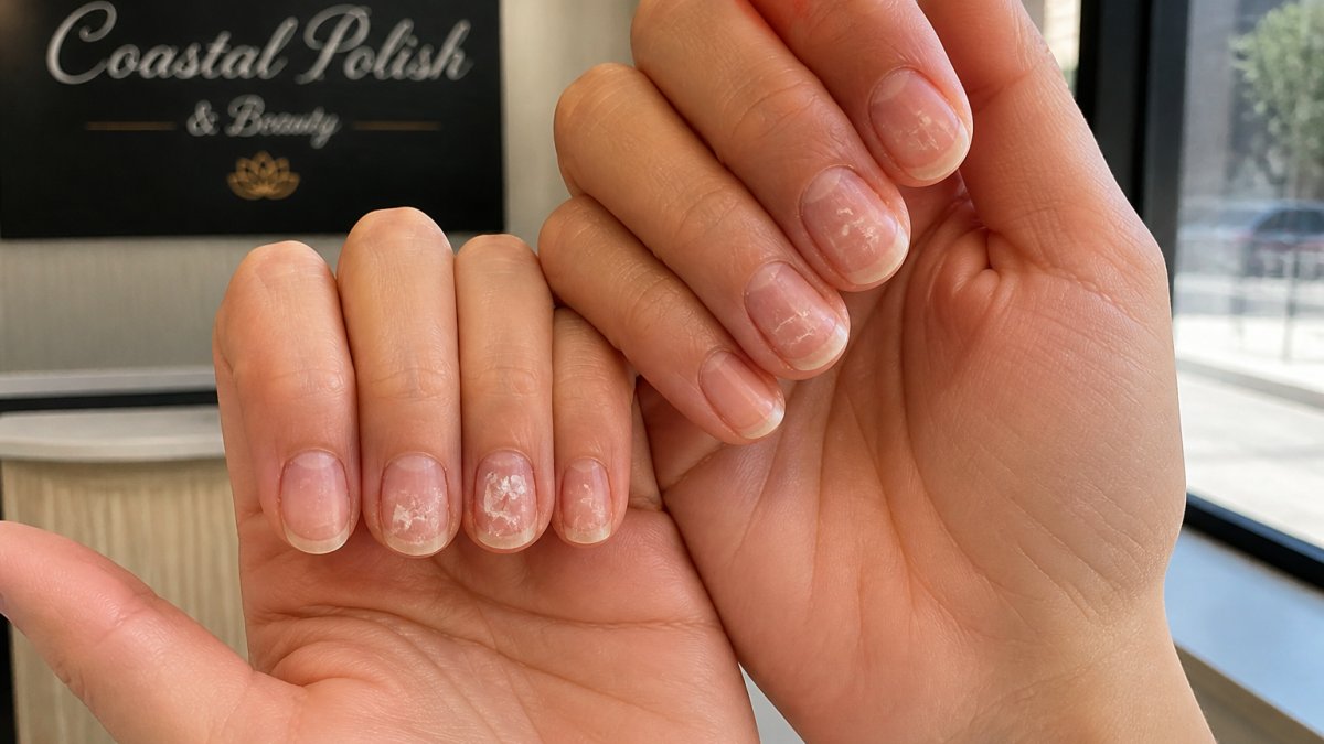 Infographic illustrating nail peeling and brittleness caused by over-cured gel polish removal damage