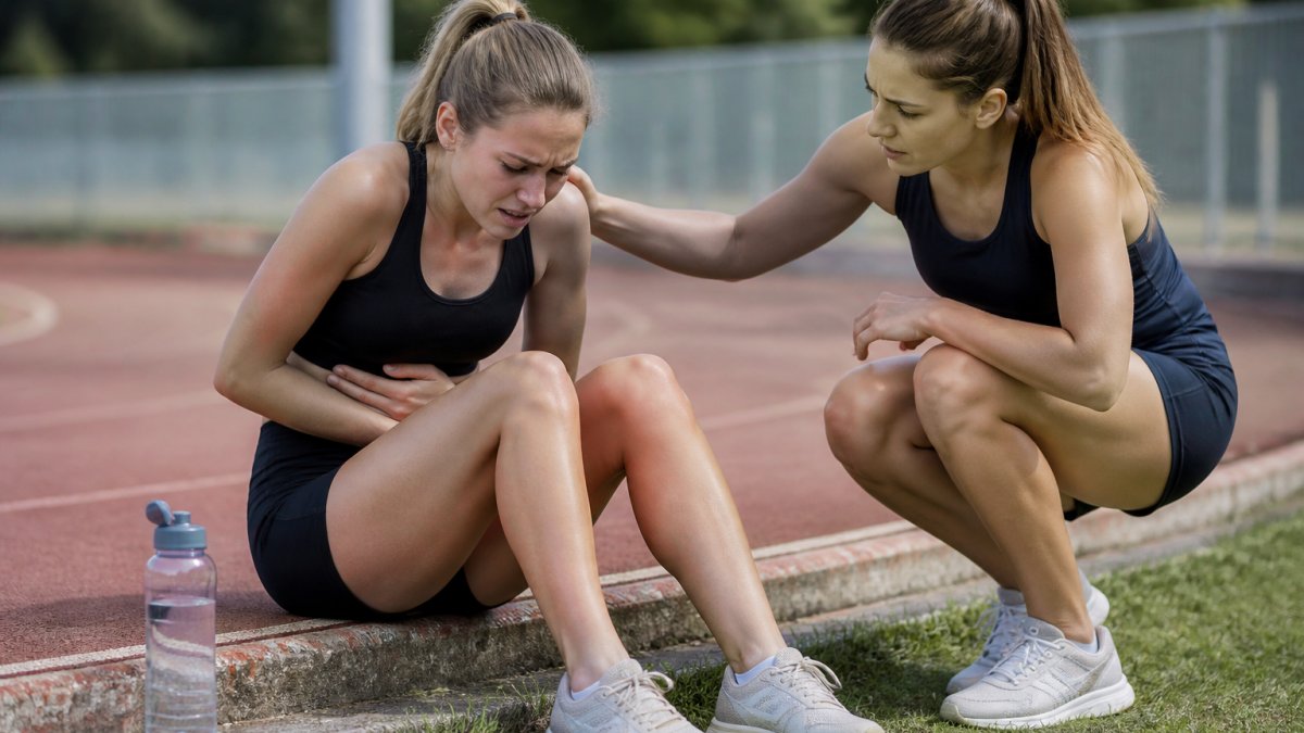 A runner sitting on the edge of a track looking nauseous and holding their stomach, with a half-empty water bottle beside them and a concerned teammate kneeling nearby