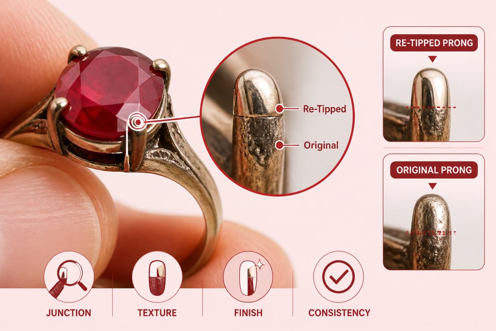 Close-up of vintage ring showing prong details with natural lighting highlighting metal texture, wear patterns, and the junction where re-tipped prongs meet original metal, held in hands with soft daylight
