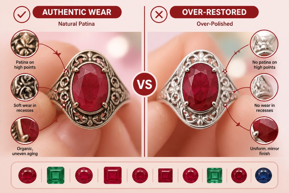 Two vintage jewelry pieces held side by side in natural daylight, one showing soft natural patina with organic wear patterns concentrated on high points, the other showing uniform bright polished surface with no patina, demonstrating the visual difference between authentic aging and over-restoration