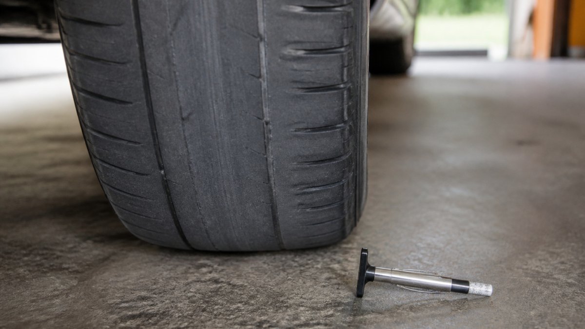 Close-up of a car tire tread on a garage floor, showing a worn center strip with a tread depth gauge resting beside it, natural lighting