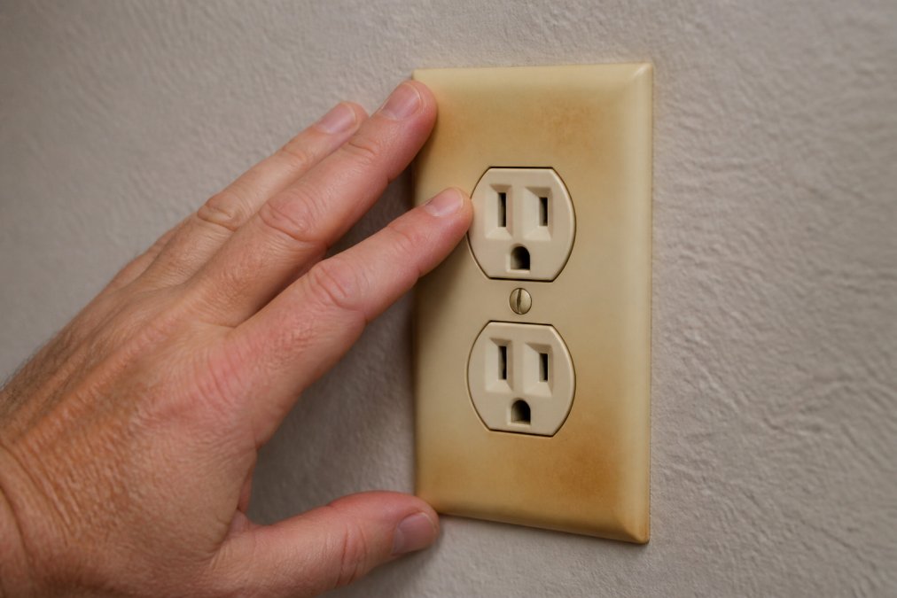 Close-up of a homeowner's hand carefully touching a warm, discolored wall plate around an electrical outlet in an older home, with visible heat discoloration on the plastic cover