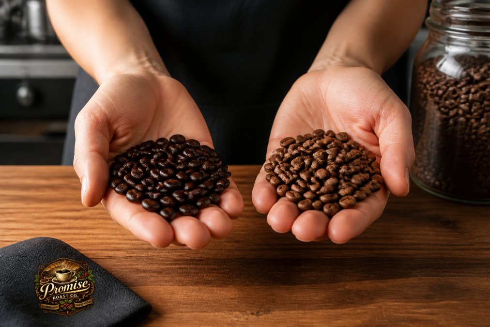 Hands comparing glossy fresh coffee beans to matte oxidized coffee beans on a wooden counter.