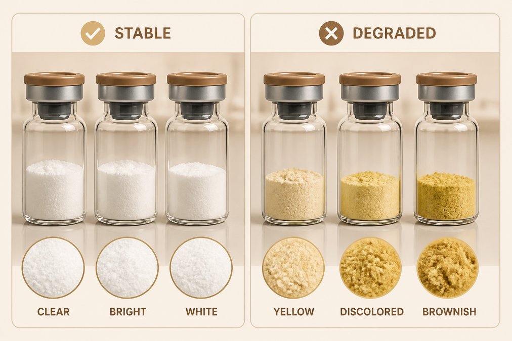 Close-up of multiple glass vials containing lyophilized peptide powder samples, arranged side by side showing clear white powder in some vials and noticeably yellowed, discolored powder in others under laboratory lighting