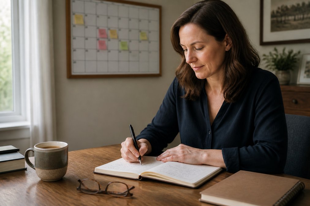 Woman tracking signs of perimenopause in your forties using a diary and calendar at her desk