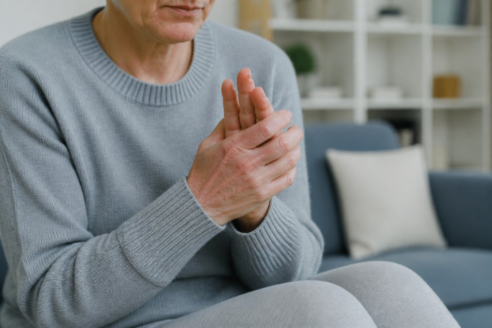 Close-up of a person's pale hands with visible cold fingers, person rubbing their hands together for warmth while sitting indoors