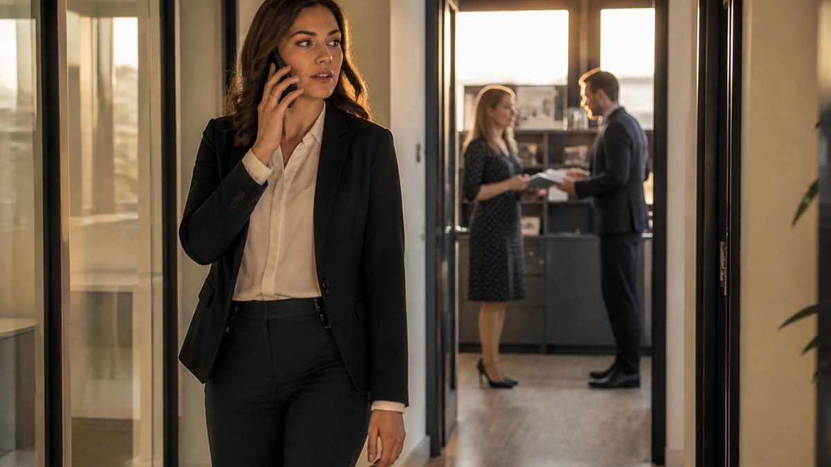Professional at desk reviewing property documents with phone and email notifications visible, looking focused and organized