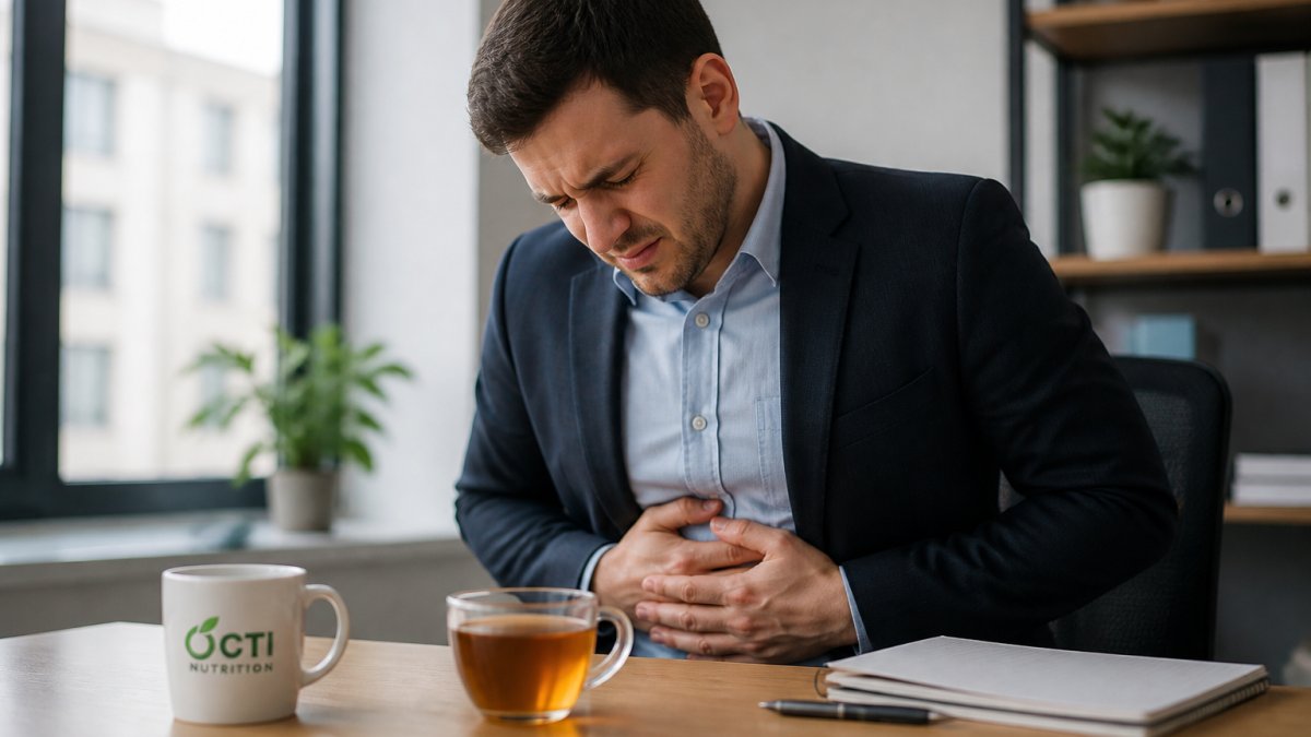 Professional in business attire at desk holding their stomach with visible discomfort, cup of tea nearby, natural office lighting