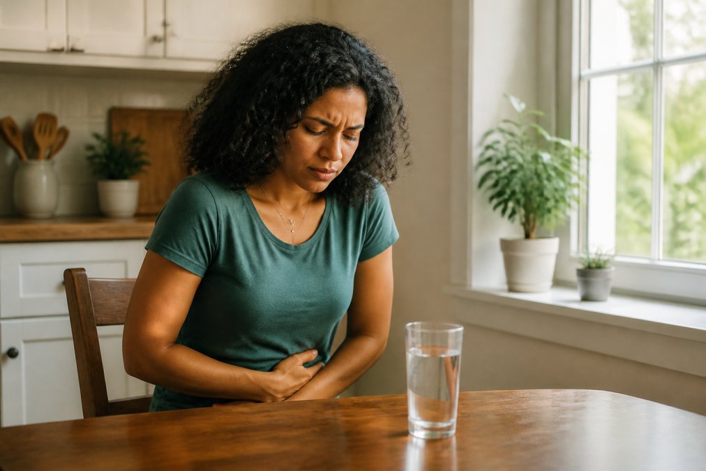 A woman sitting at a kitchen table holding her abdomen with a pained expression, a glass of water in front of her, natural morning light coming through the window