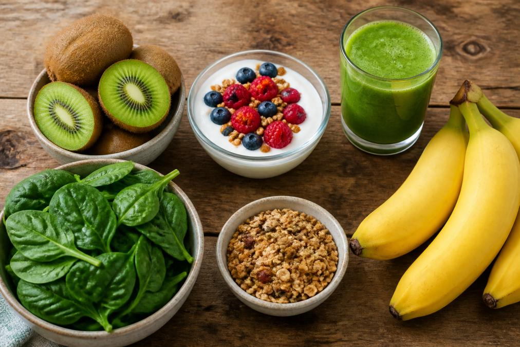 Overhead flat-lay of gut-friendly foods arranged on a wooden surface: sliced kiwi, yogurt with berries, a glass of green juice, leafy greens, bananas, and a small bowl of granola