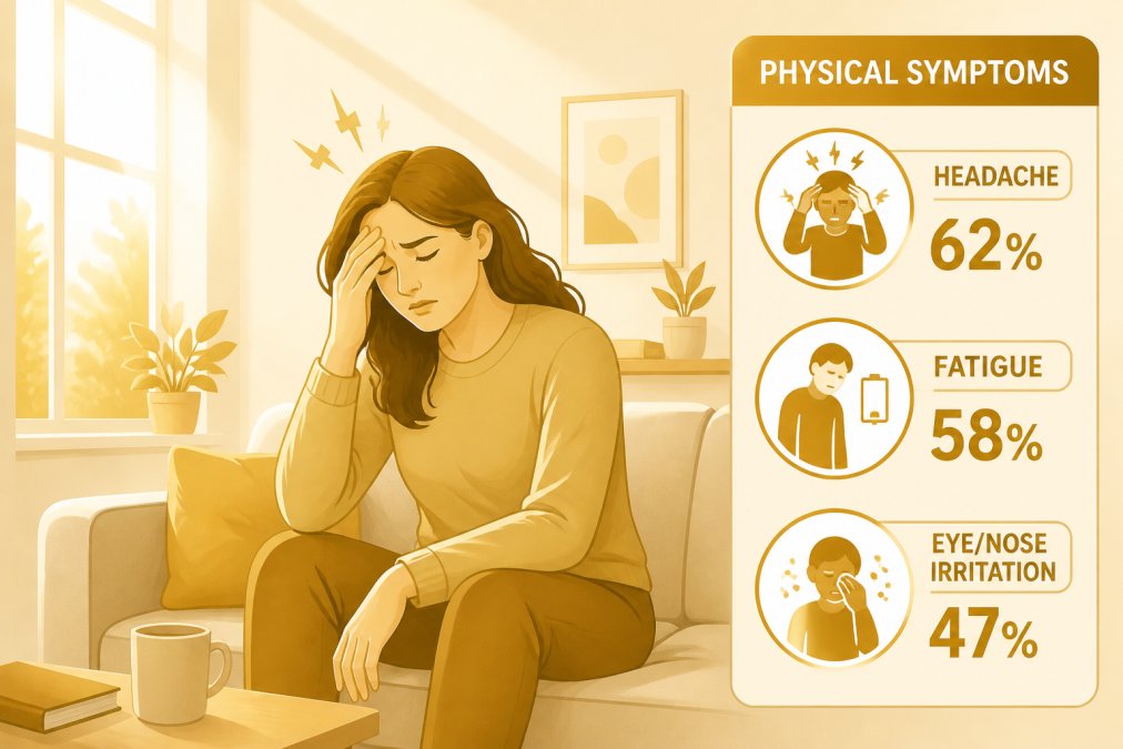 Person sitting on a couch indoors holding their head with visible discomfort, showing fatigue and headache symptoms, natural afternoon light streaming through windows