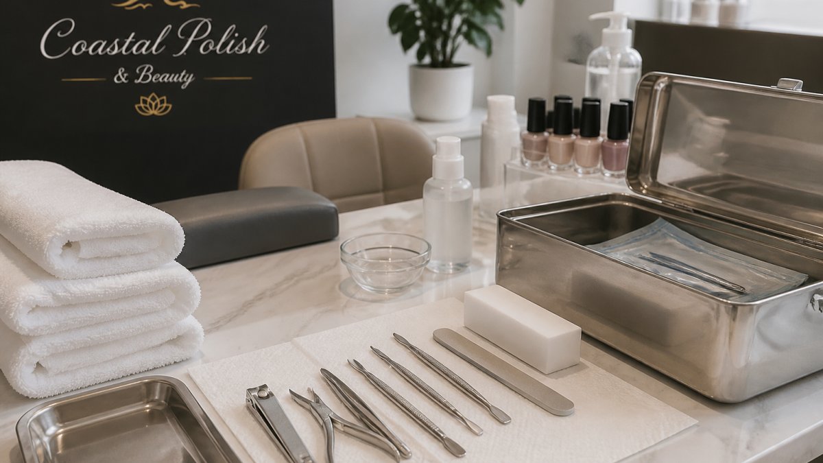 Professional nail technician's workstation with organized metal instruments in sealed sterilization container, fresh white towels stacked neatly, and clean manicure tools arranged on sanitized desk surface with bright natural lighting
