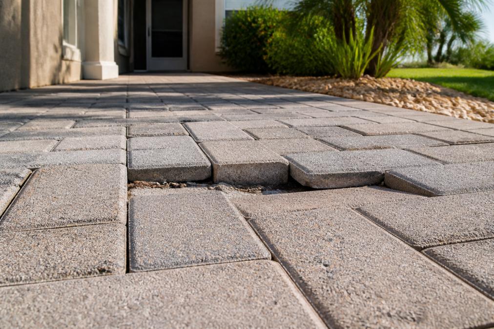 Close-up of a residential paver walkway with visible uneven pavers and a sunken area, showing the contrast between level and settled stones, natural daylight with a Southwest Florida home exterior in the background