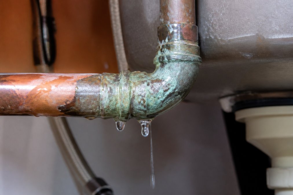 Close-up of a leaking pipe joint under a sink, showing water dripping and mineral deposits on the copper fitting with visible corrosion