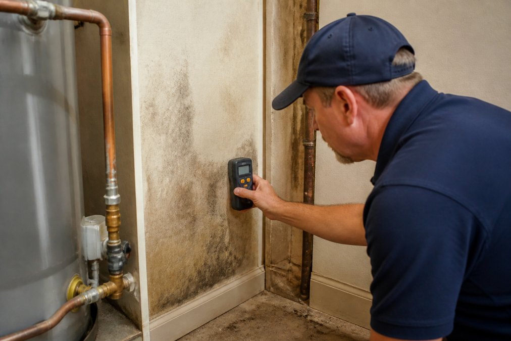 Homeowner using a moisture meter to check drywall near a water heater for signs of hidden water damage, with visible moisture staining on the wall