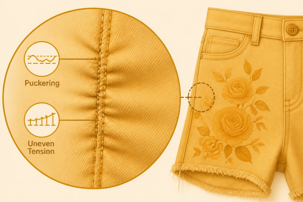 Close-up of garment seam showing visible puckering and bunching in the fabric, with tension inconsistencies visible along the stitch line where thread pulls unevenly