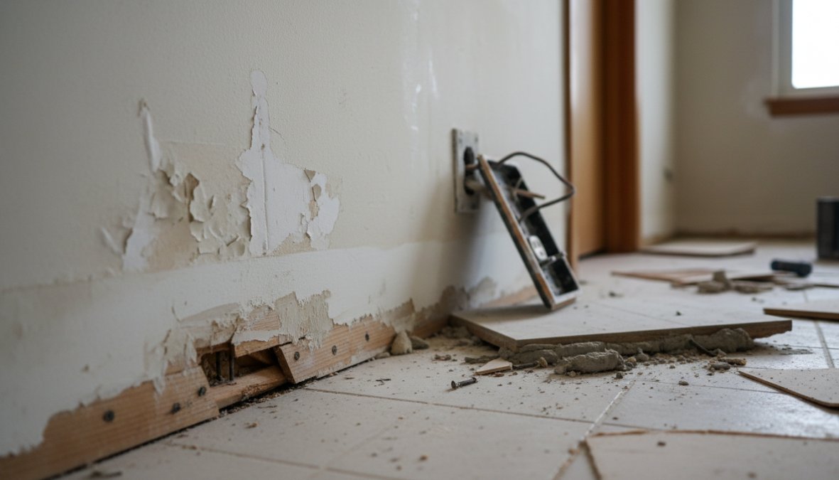Close-up photograph of visible cracks running along an interior drywall corner near a ceiling, with peeling paint and uneven surface texture clearly visible in natural light
