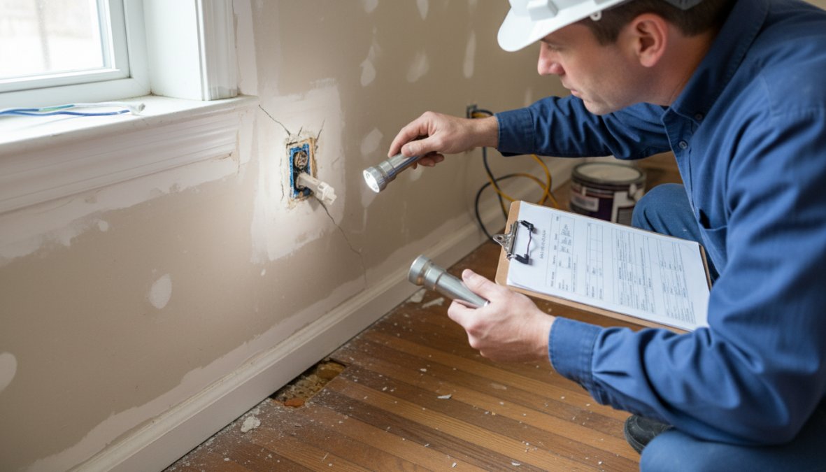 A home inspector wearing a hard hat and holding a clipboard and flashlight, carefully examining a wall outlet and surrounding drywall in a residential room during a professional walkthrough, with natural light coming through a nearby window